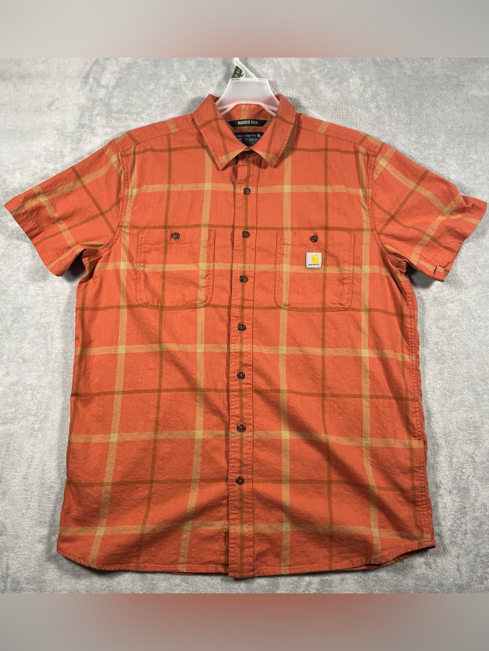 Carhartt Shirt Mens Large Orange Plaid Rugged Flex Short Sleeve Button up